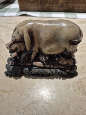 Vintage Chinese Hand-Carved Soapstone Pig & Piglets Figurine On A Wooden Base